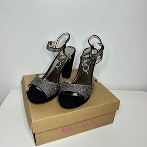 Sugar Priscila 2 Black Rhinestone Block Heel Sandals Women's 9M